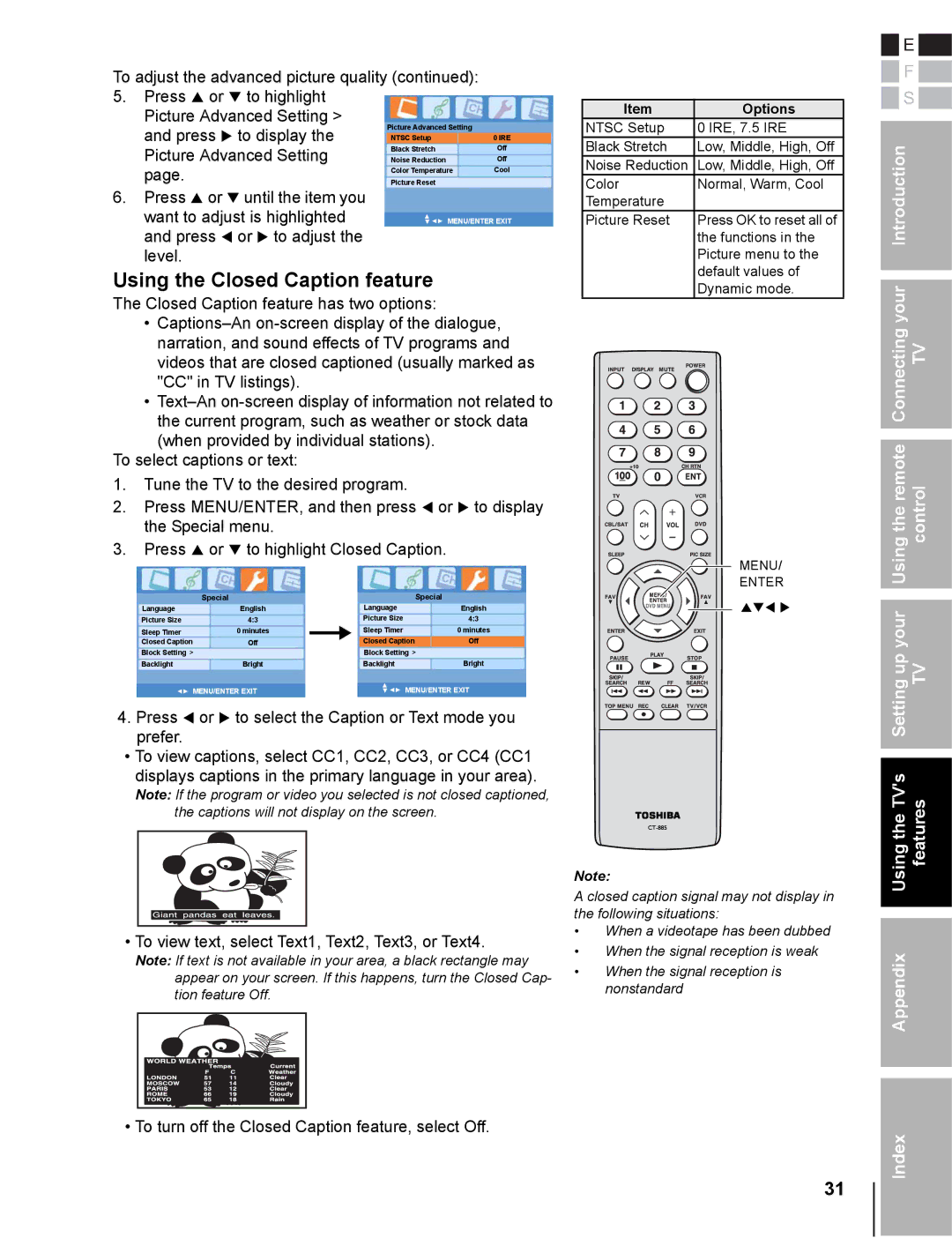 Toshiba 20DL76 owner manual Using the Closed Caption feature, Press X to display, Picture Advanced Setting 