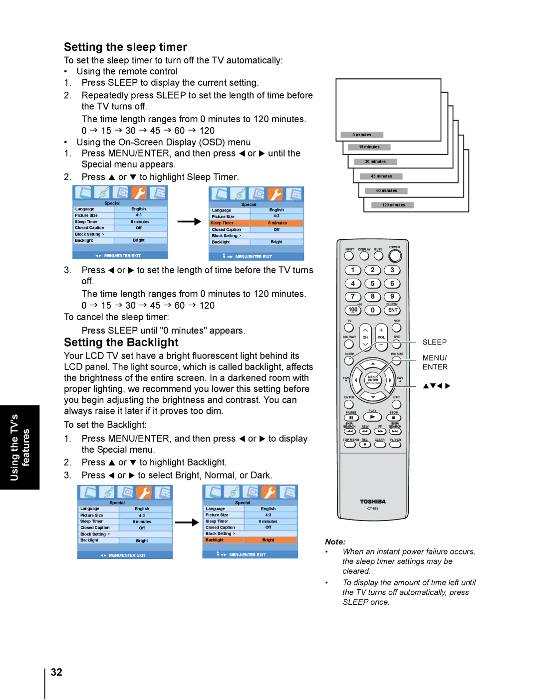 Toshiba 20DL76 owner manual Setting the sleep timer, Setting the Backlight 