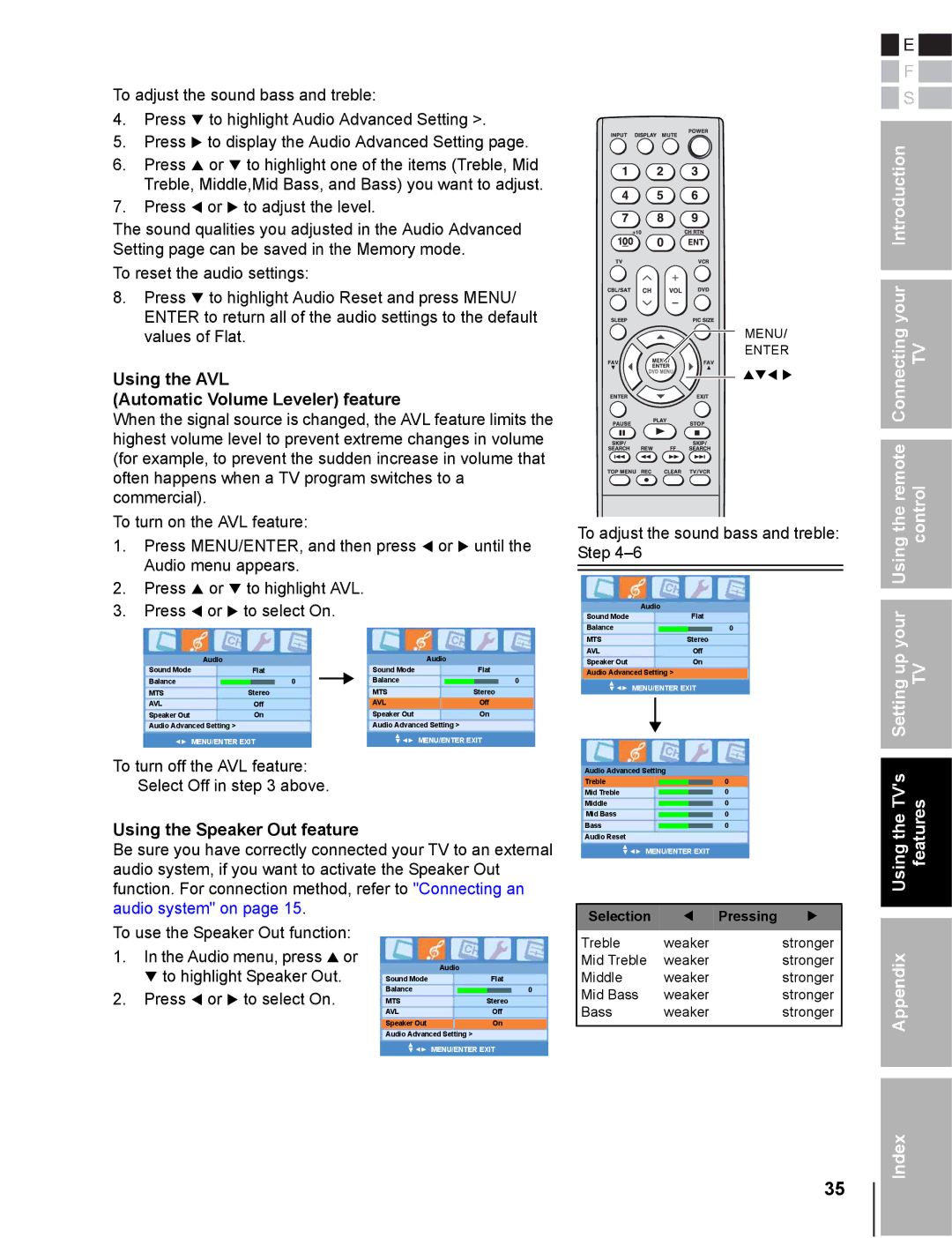 Toshiba 20DL76 owner manual Using the AVL Automatic Volume Leveler feature, Using the Speaker Out feature 