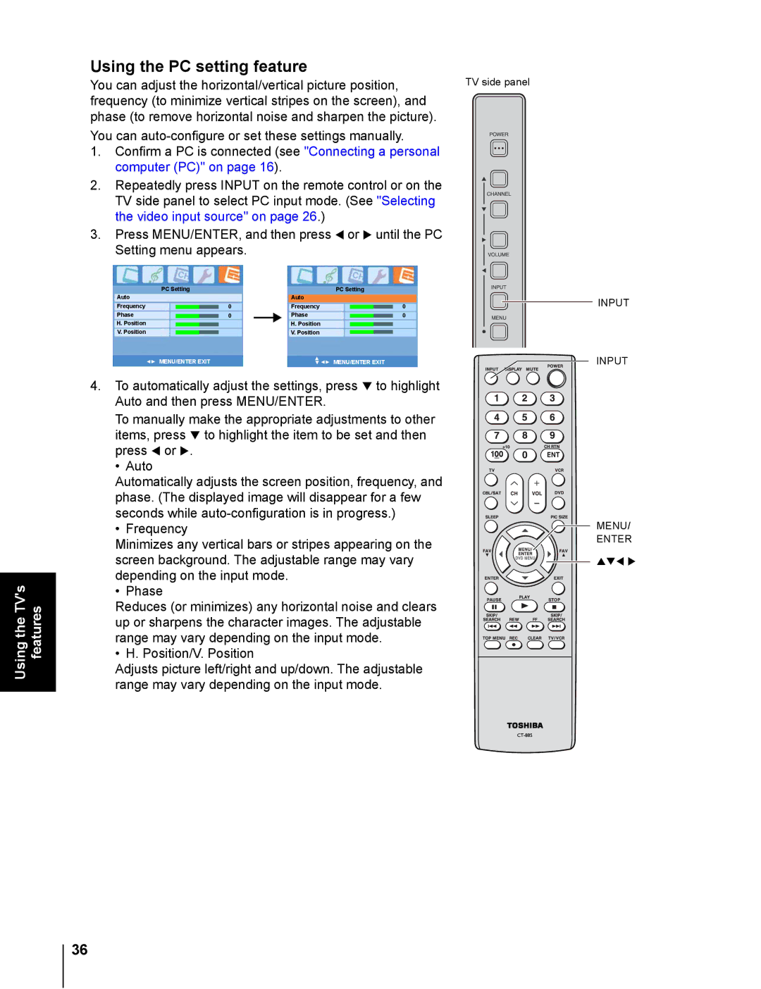 Toshiba 20DL76 owner manual Using the PC setting feature, Computer PC on 