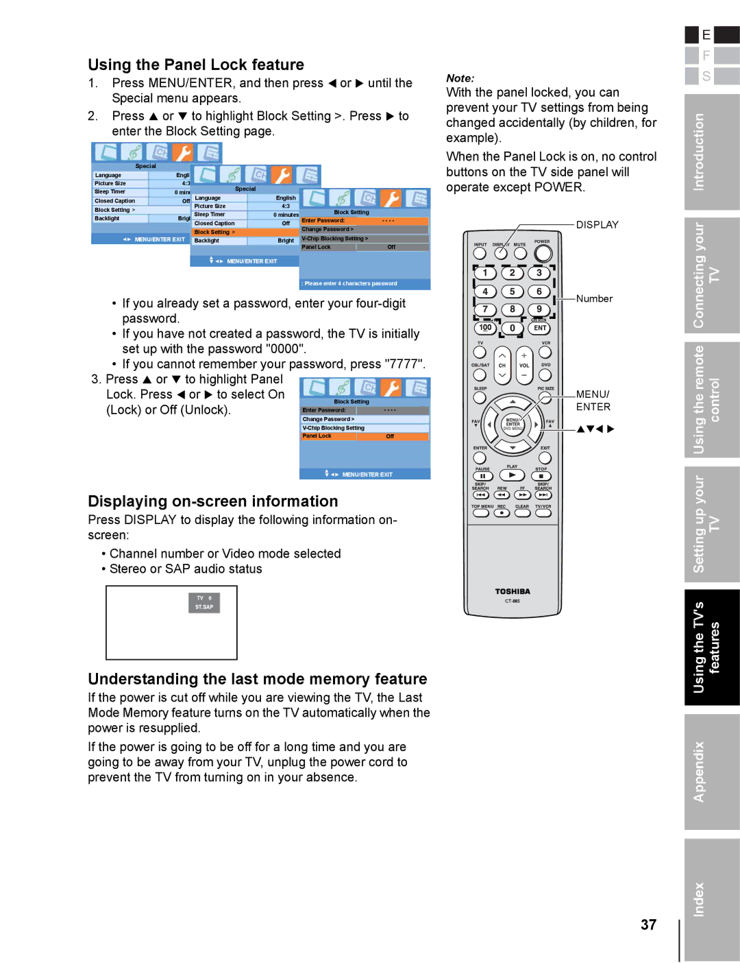 Toshiba 20DL76 owner manual Using the Panel Lock feature 