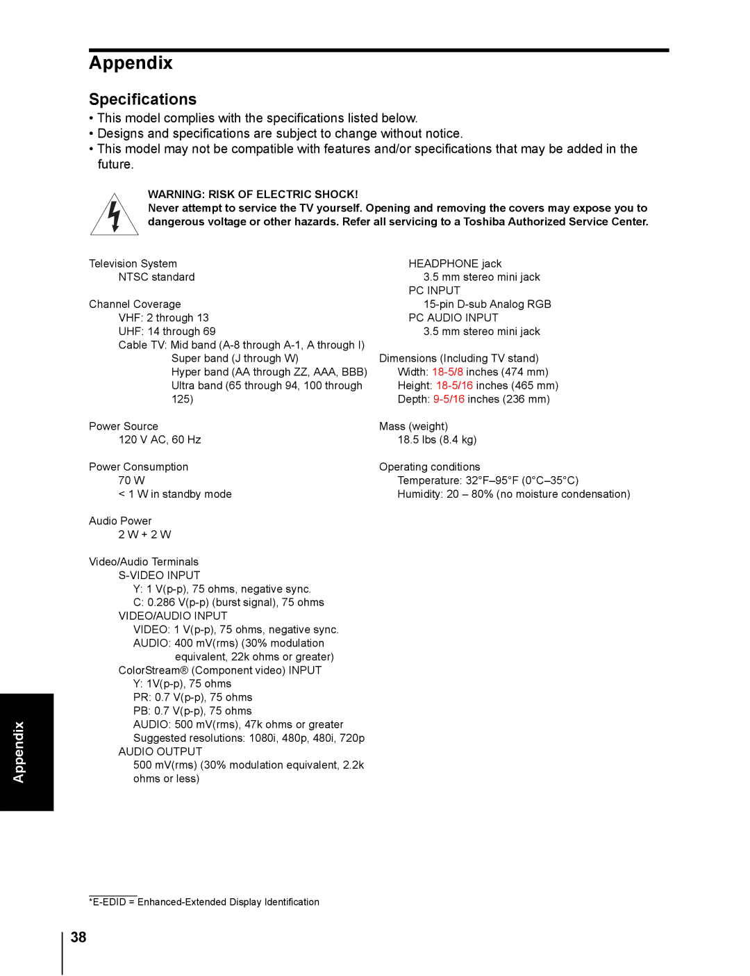 Toshiba 20DL76 owner manual Appendix, Specifications 