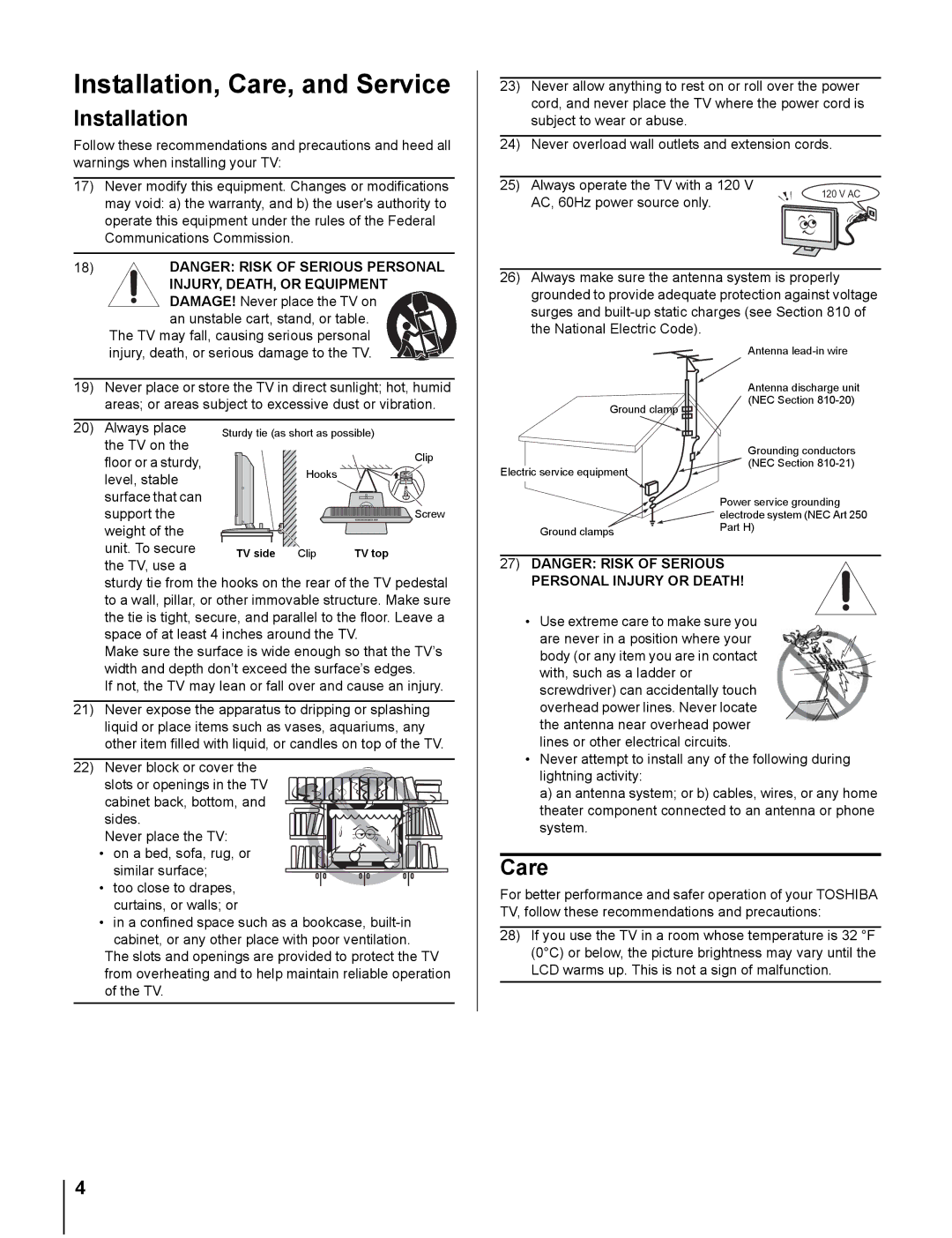 Toshiba 20DL76 owner manual Installation, Care, and Service 