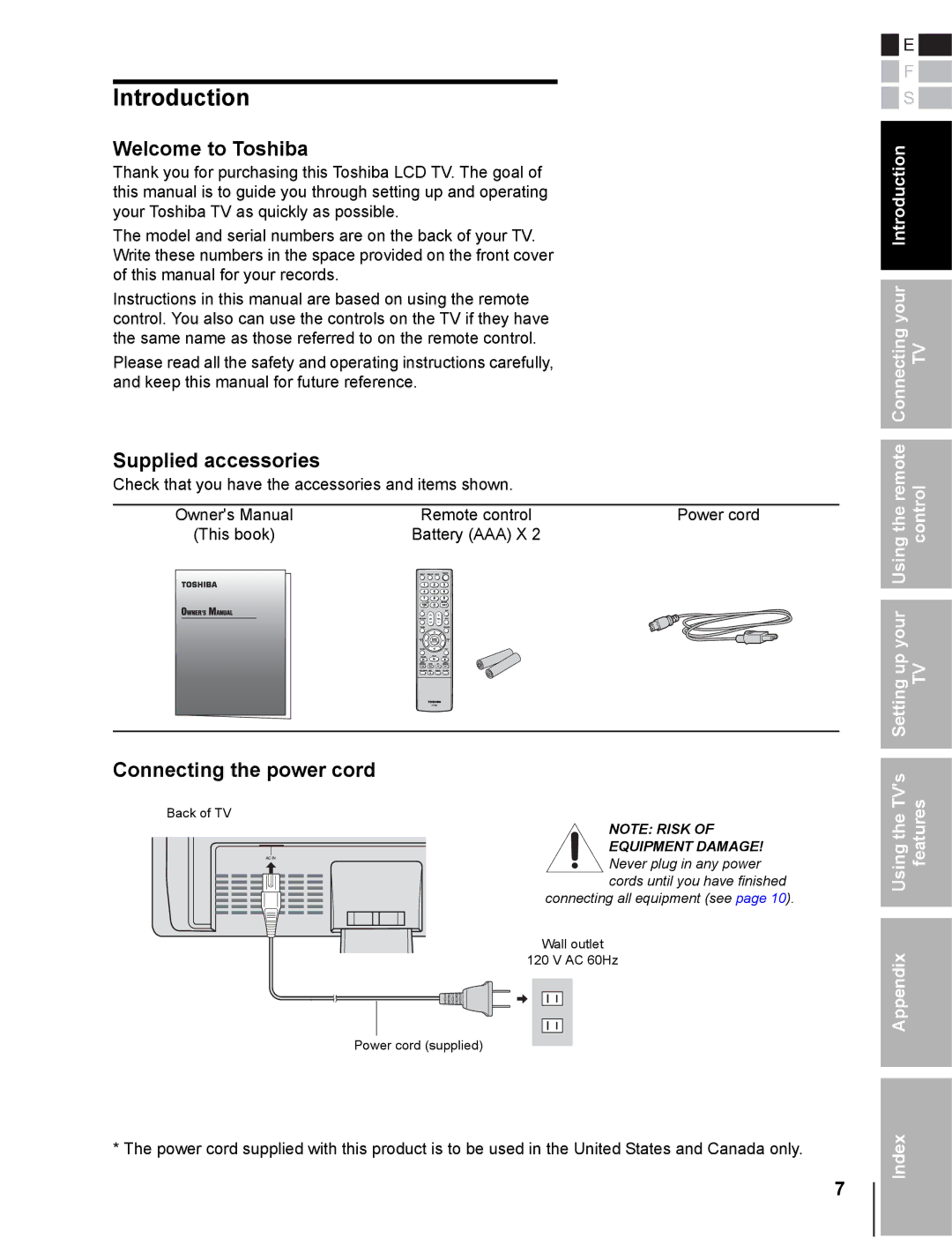 Toshiba 20DL76 owner manual Introduction, Welcome to Toshiba, Supplied accessories, Connecting the power cord 