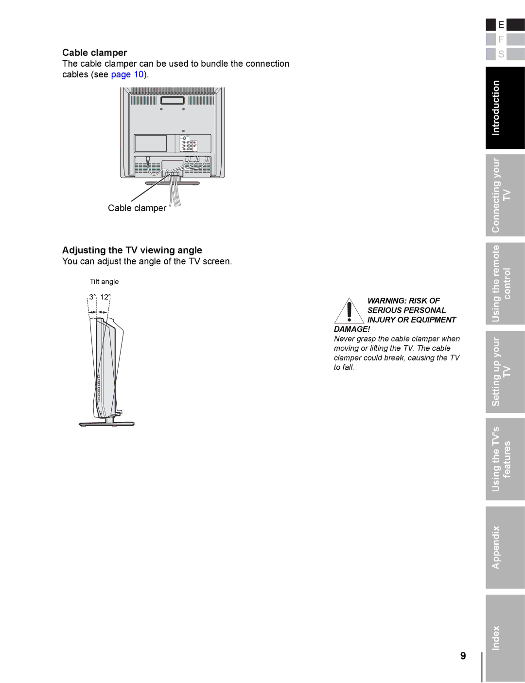 Toshiba 20DL76 owner manual Cable clamper, Adjusting the TV viewing angle 