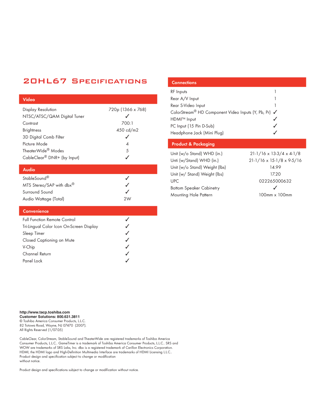 Toshiba manual 20HL67 Specifications 