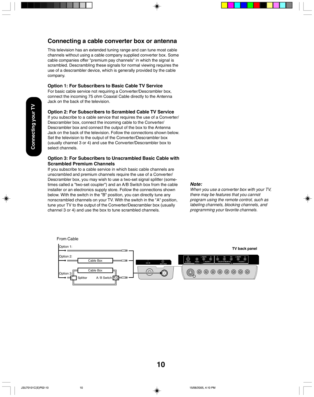 Toshiba 20HL85 appendix Connecting a cable converter box or antenna, Option 1 For Subscribers to Basic Cable TV Service 