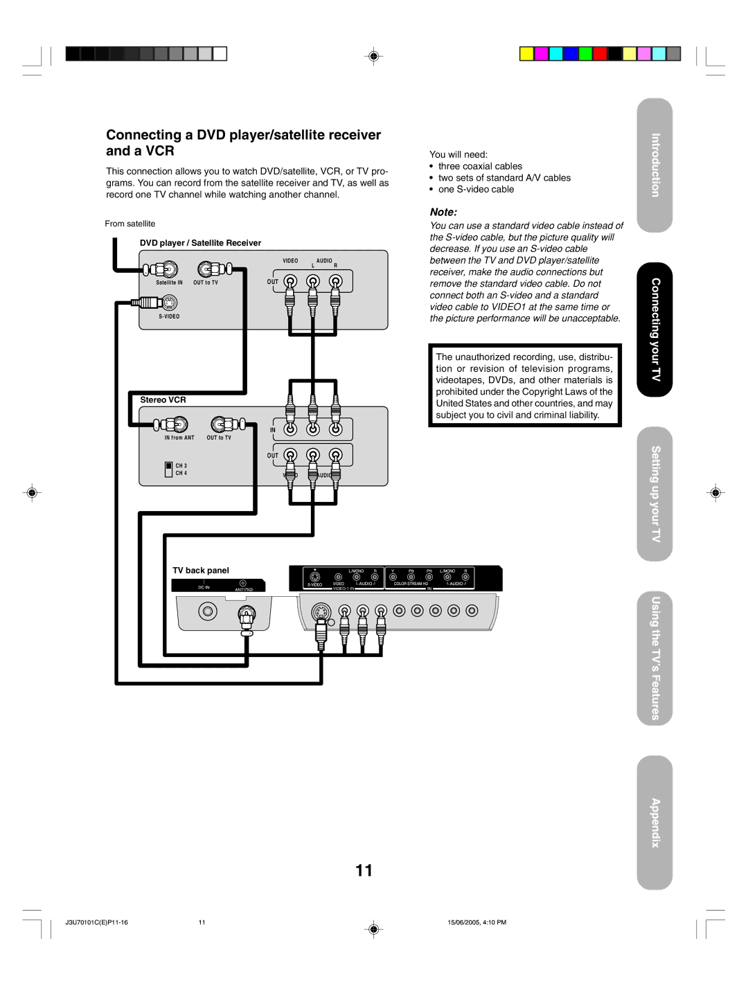 Toshiba 20HL85 appendix Connecting a DVD player/satellite receiver and a VCR, Introduction 