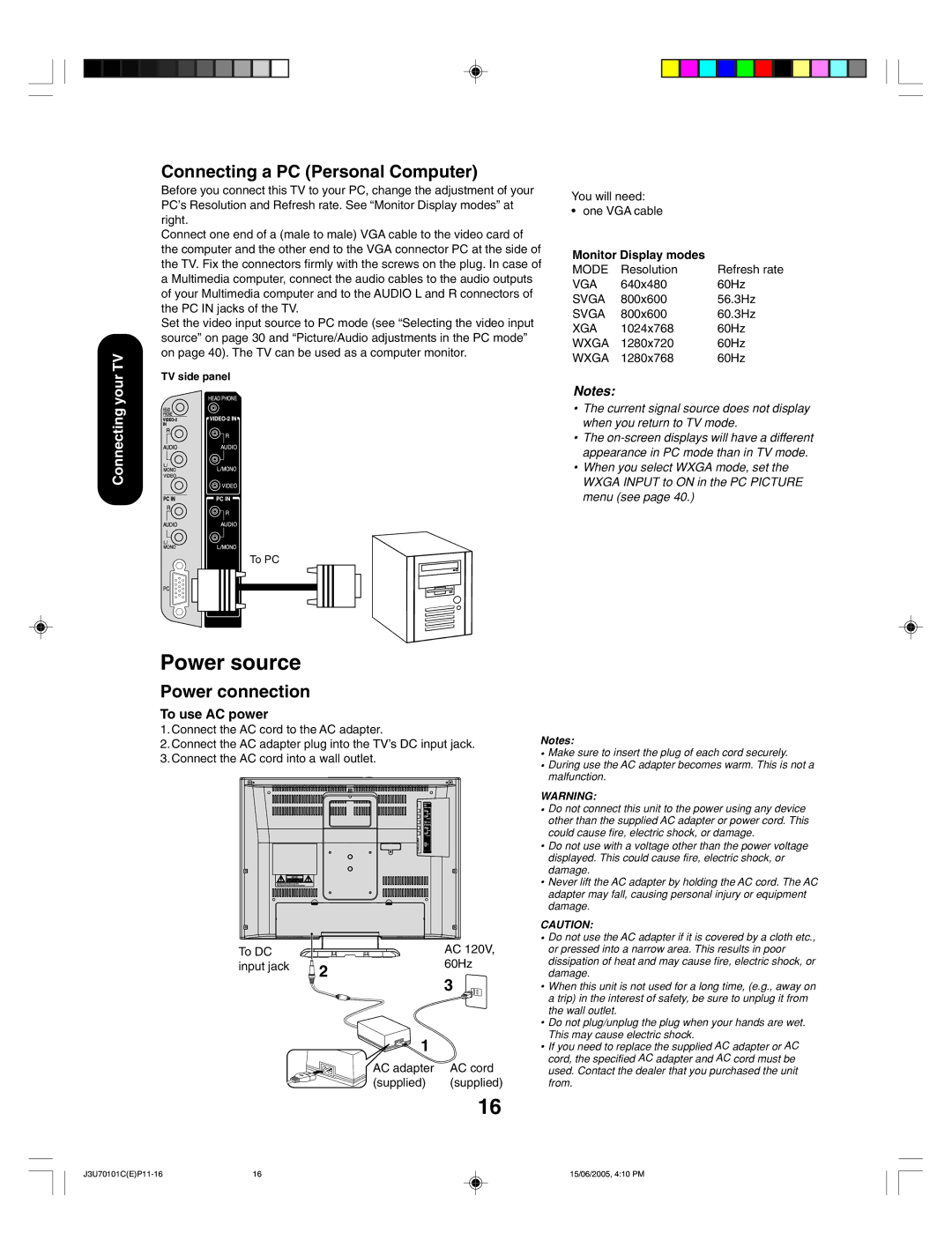 Toshiba 20HL85 appendix Connecting a PC Personal Computer, Power connection, To use AC power, Monitor Display modes 