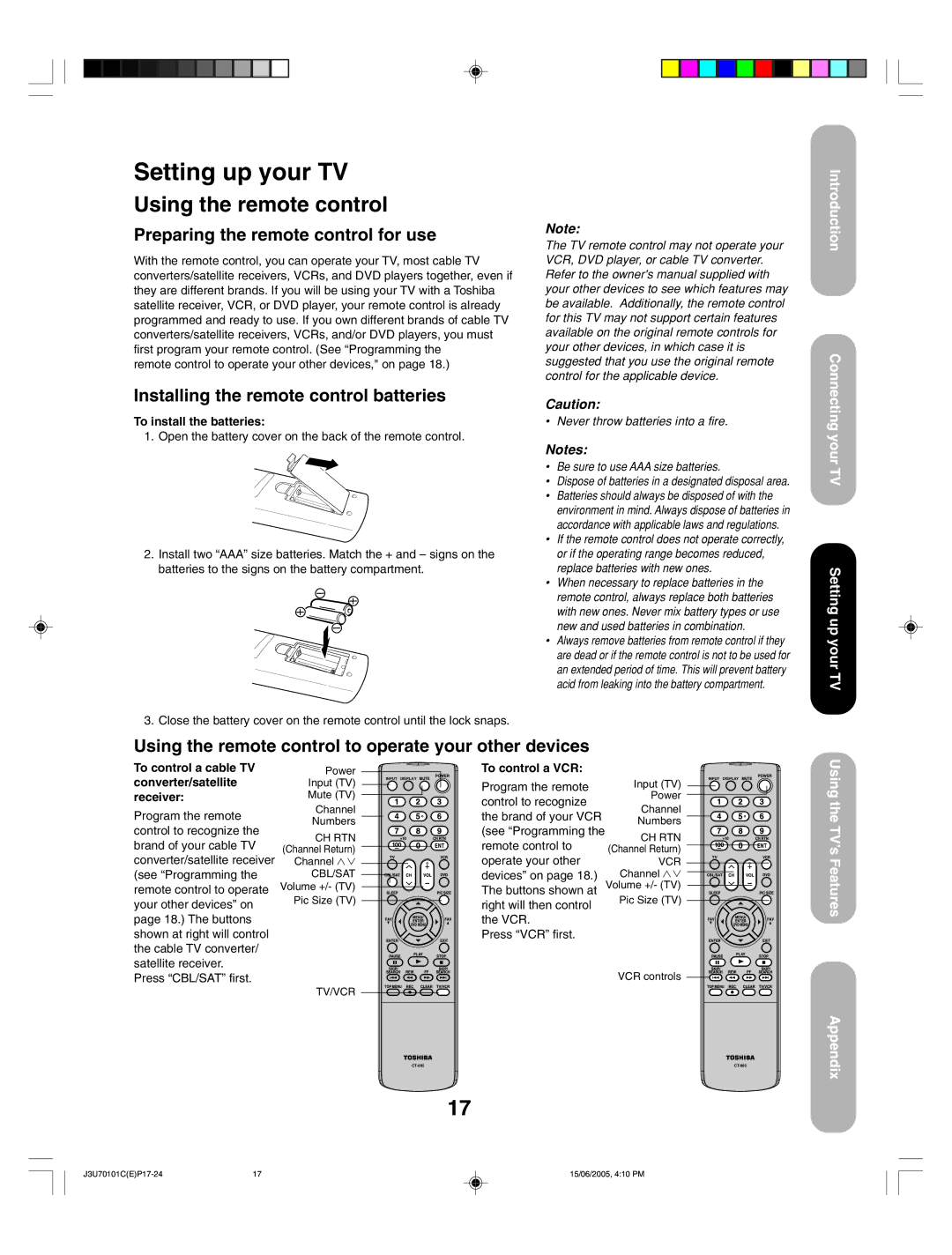 Toshiba 20HL85 appendix Preparing the remote control for use, Installing the remote control batteries 