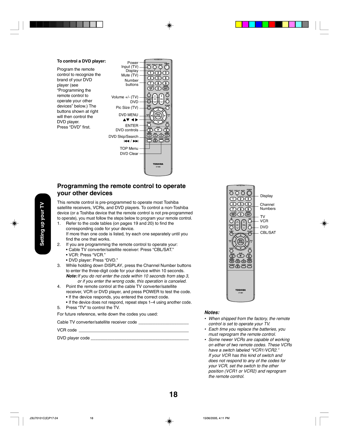 Toshiba 20HL85 appendix Programming the remote control to operate your other devices, To control a DVD player 