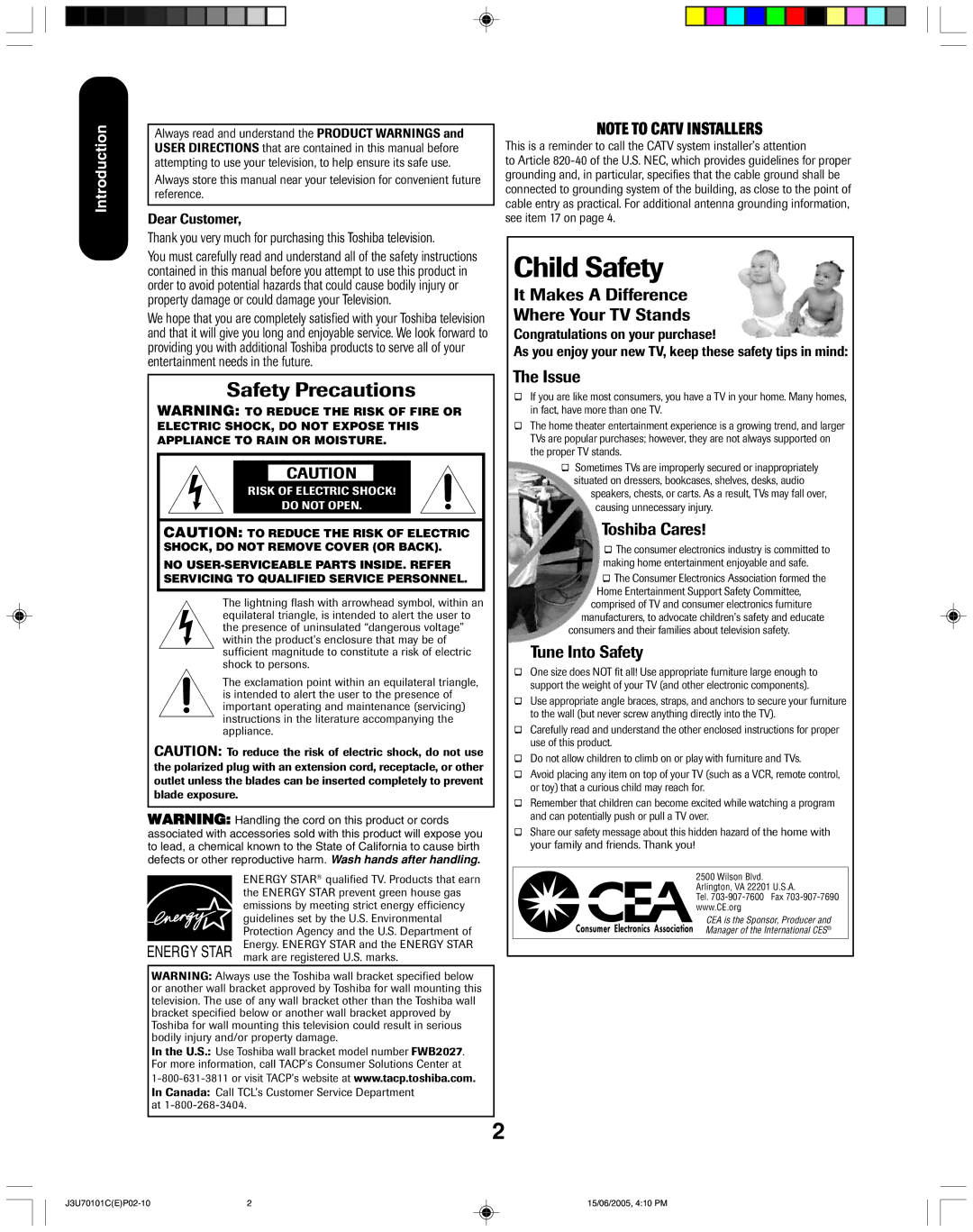 Toshiba 20HL85 appendix Introduction, Dear Customer 