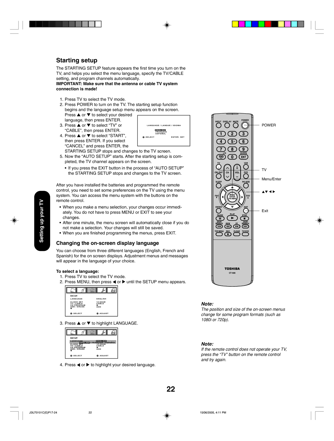 Toshiba 20HL85 appendix Starting setup, Changing the on-screen display language, To select a language, Press 