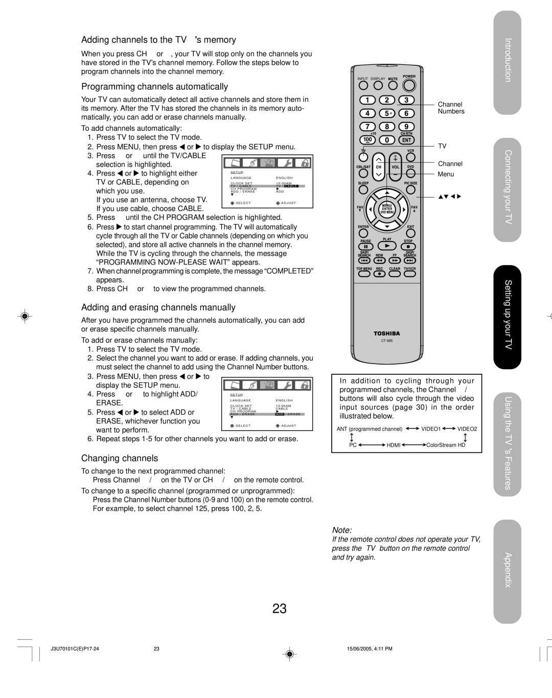 Toshiba 20HL85 appendix Adding channels to the TV’s memory, Programming channels automatically, Changing channels 