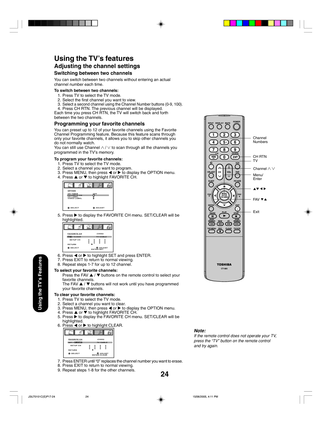 Toshiba 20HL85 appendix Adjusting the channel settings, Switching between two channels, Programming your favorite channels 