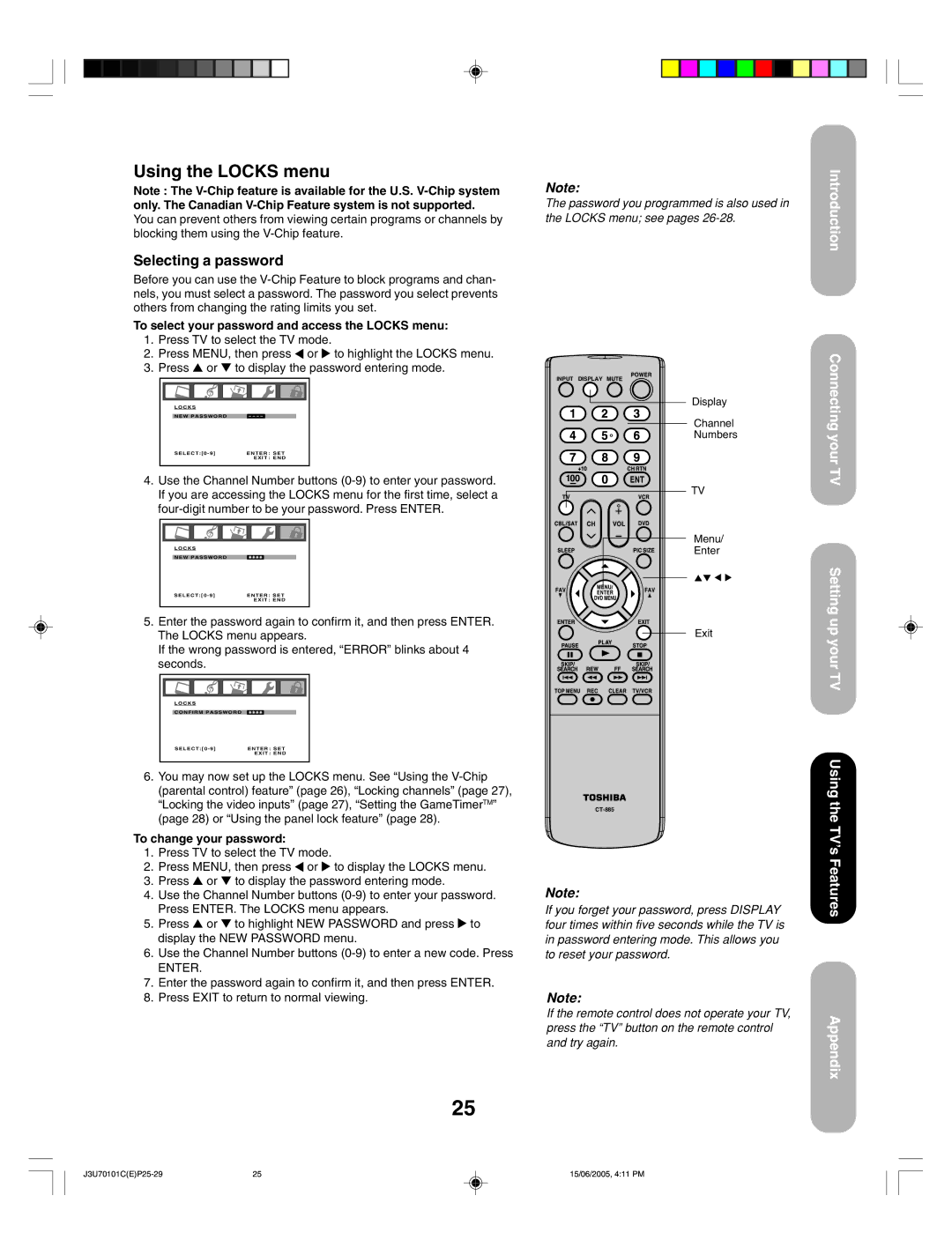 Toshiba 20HL85 appendix Using the Locks menu, Selecting a password, To select your password and access the Locks menu 