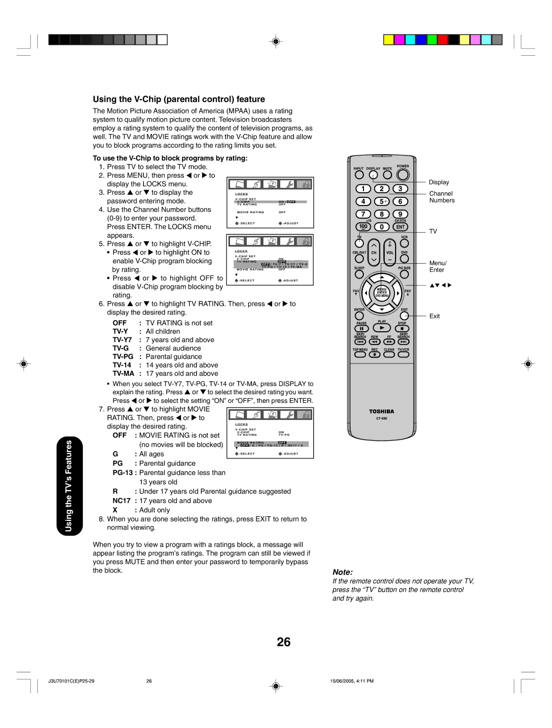 Toshiba 20HL85 appendix Using the V-Chip parental control feature 