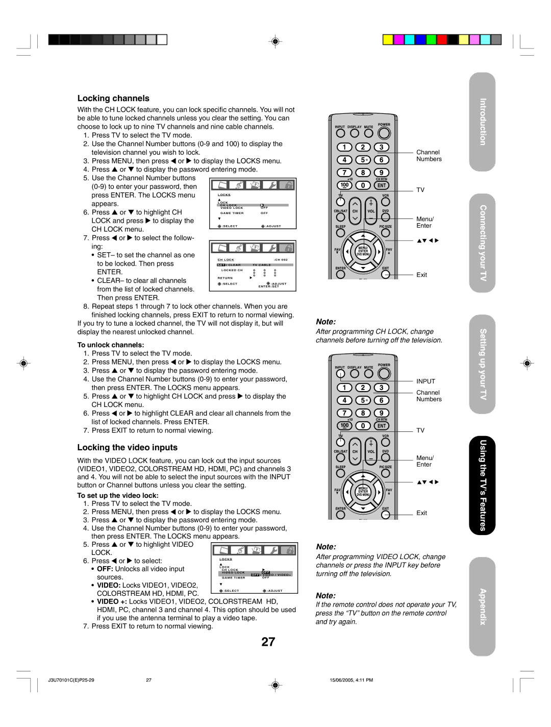 Toshiba 20HL85 appendix Locking channels 