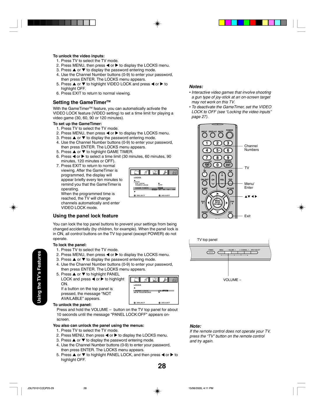 Toshiba 20HL85 appendix Setting the GameTimerTM, Using the panel lock feature 