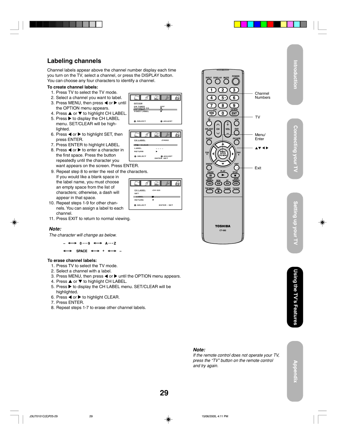 Toshiba 20HL85 appendix Labeling channels, To create channel labels, To erase channel labels 