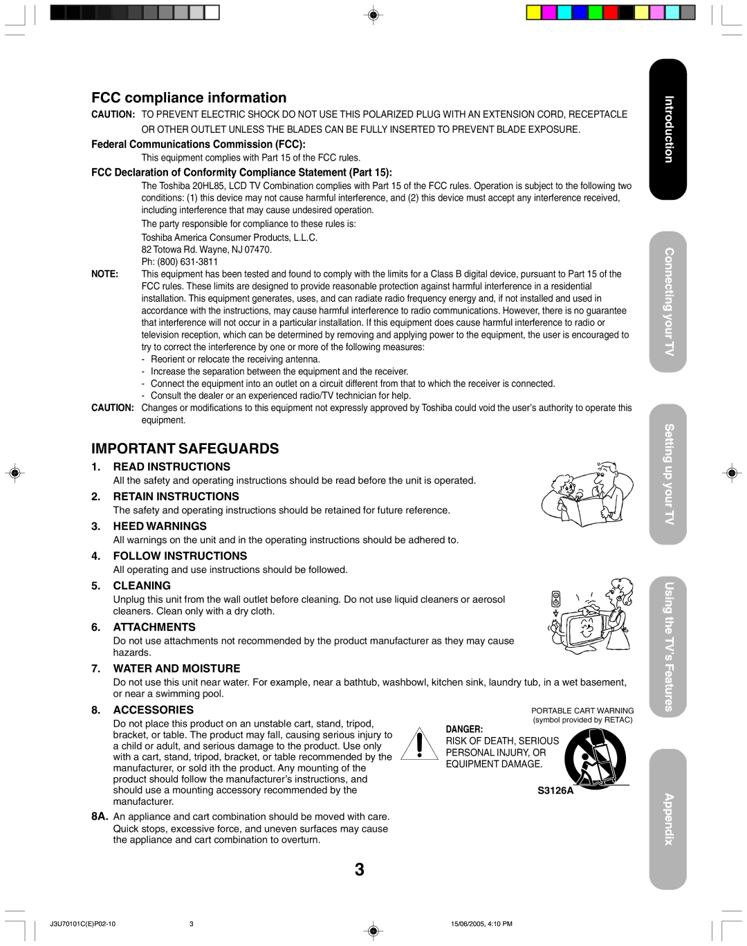 Toshiba 20HL85 appendix FCC compliance information, Appendix, Federal Communications Commission FCC, S3126A 