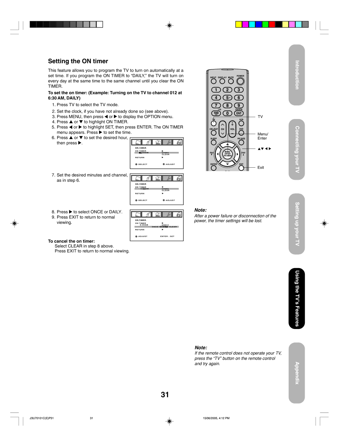 Toshiba 20HL85 appendix Setting the on timer, Setting up your TV Using the TV’s Features, To cancel the on timer 