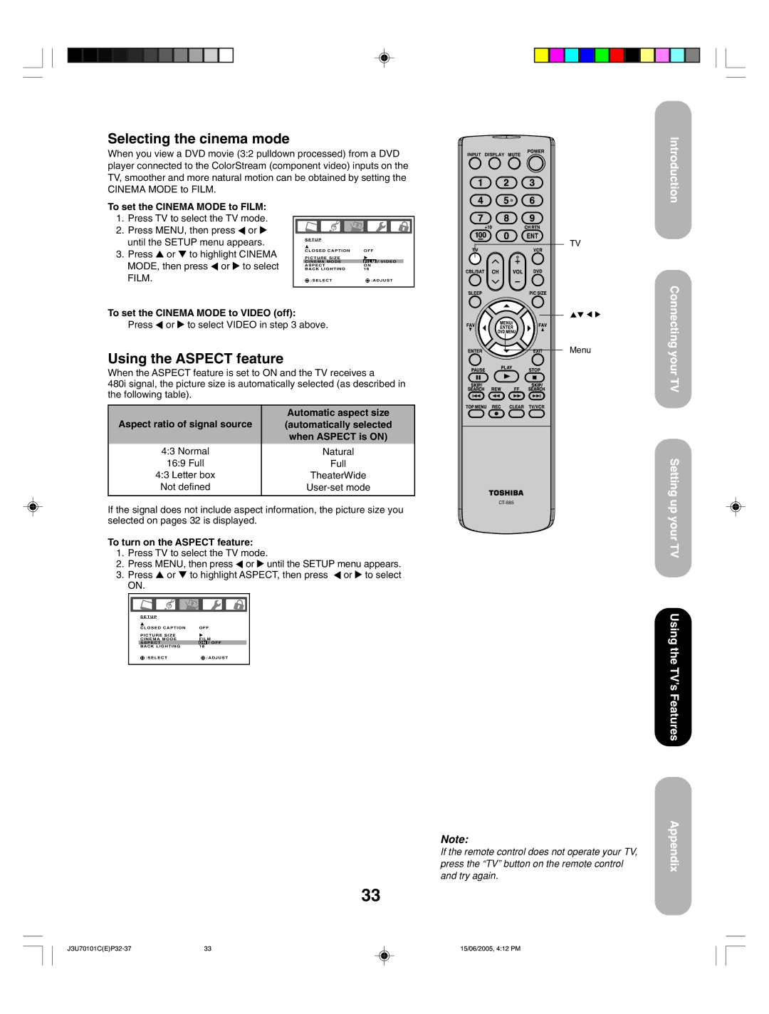 Toshiba 20HL85 appendix Selecting the cinema mode, Using the Aspect feature, To set the Cinema Mode to Film 