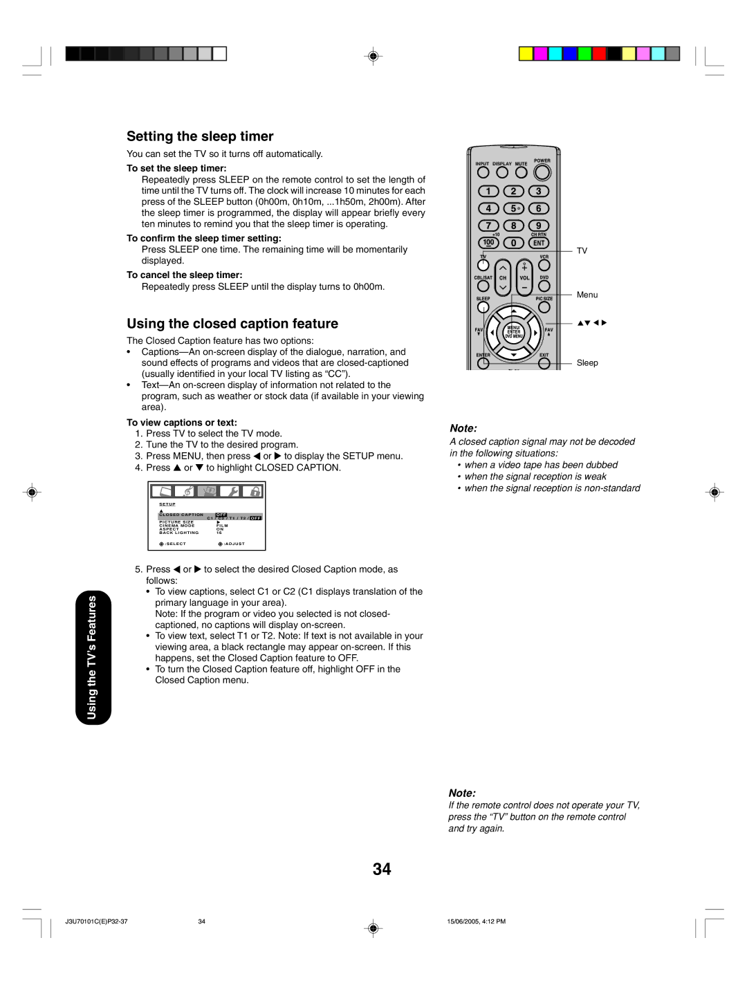 Toshiba 20HL85 appendix Setting the sleep timer, Using the closed caption feature 