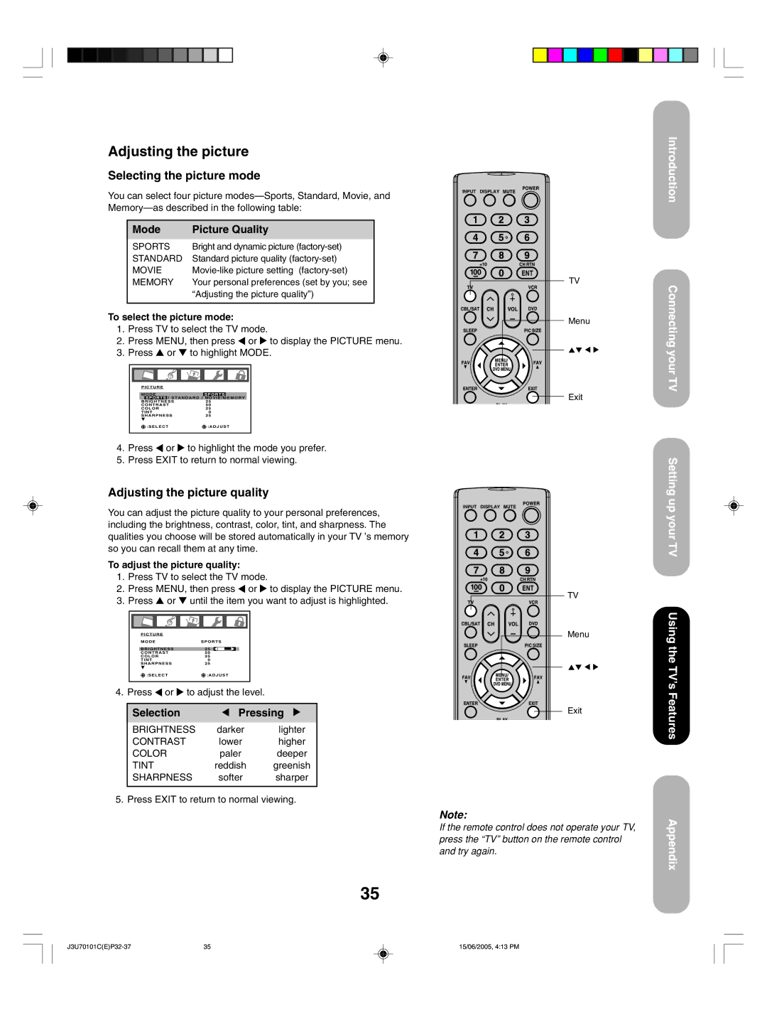 Toshiba 20HL85 appendix Selecting the picture mode, Adjusting the picture quality, Connecting your TV Setting 