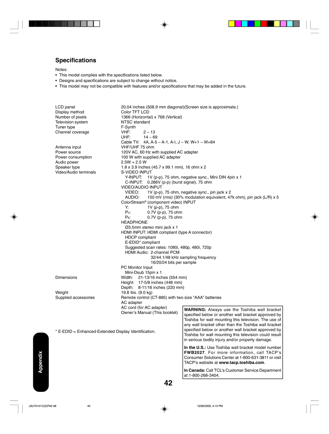 Toshiba 20HL85 appendix Specifications, Vhf Uhf 