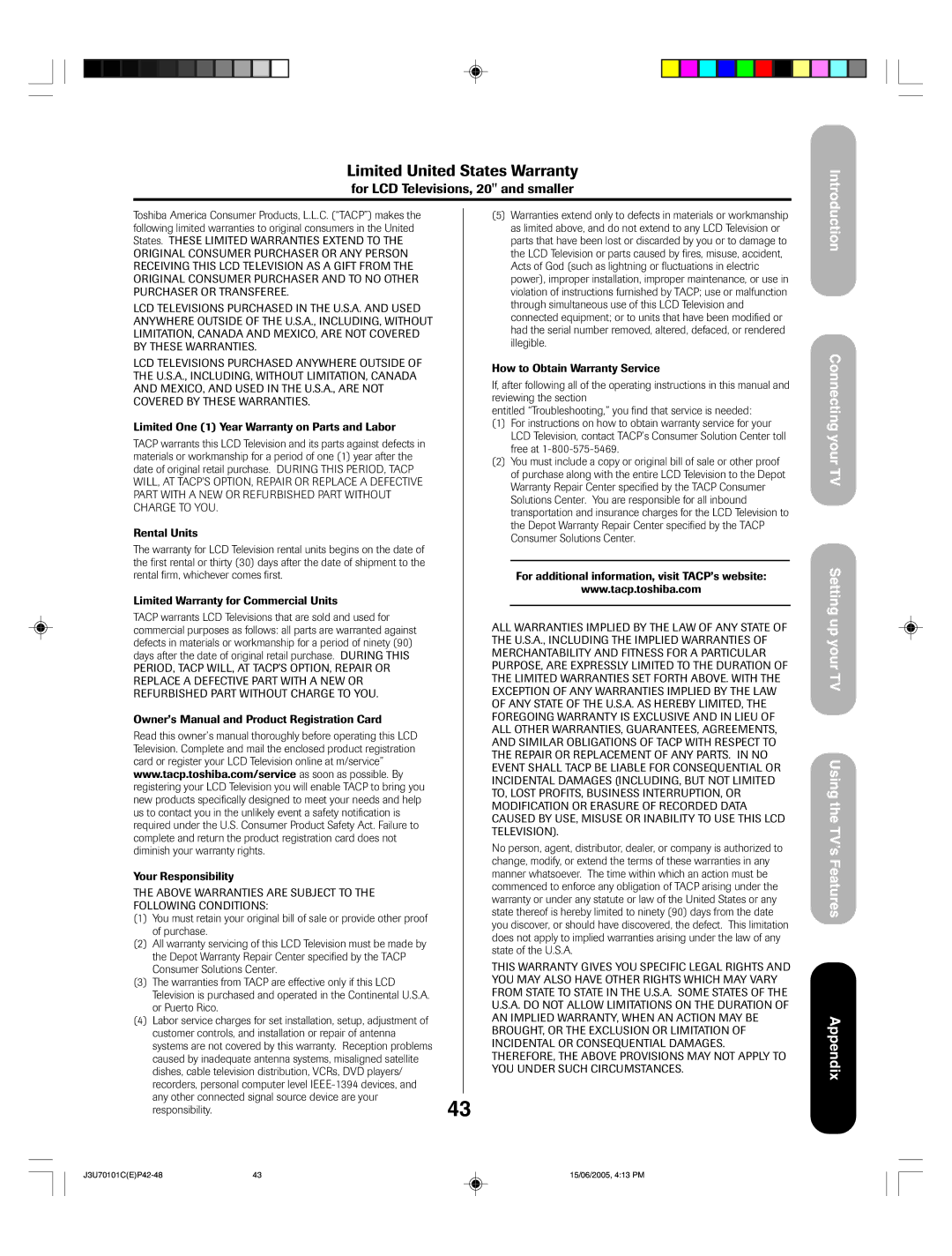 Toshiba 20HL85 appendix Limited United States Warranty 