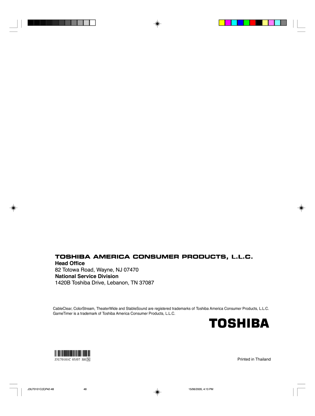 Toshiba 20HL85 appendix National Service Division 