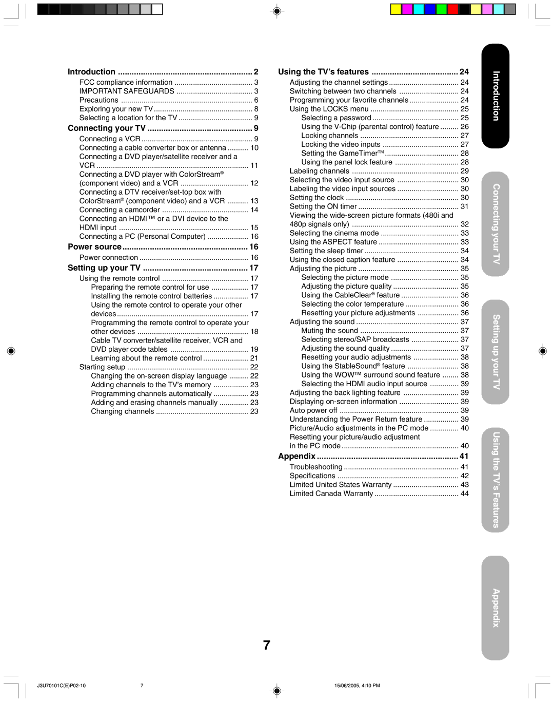 Toshiba 20HL85 Introduction, Connecting your TV, Power source, Setting up your TV, Using the TV’s features, Appendix 