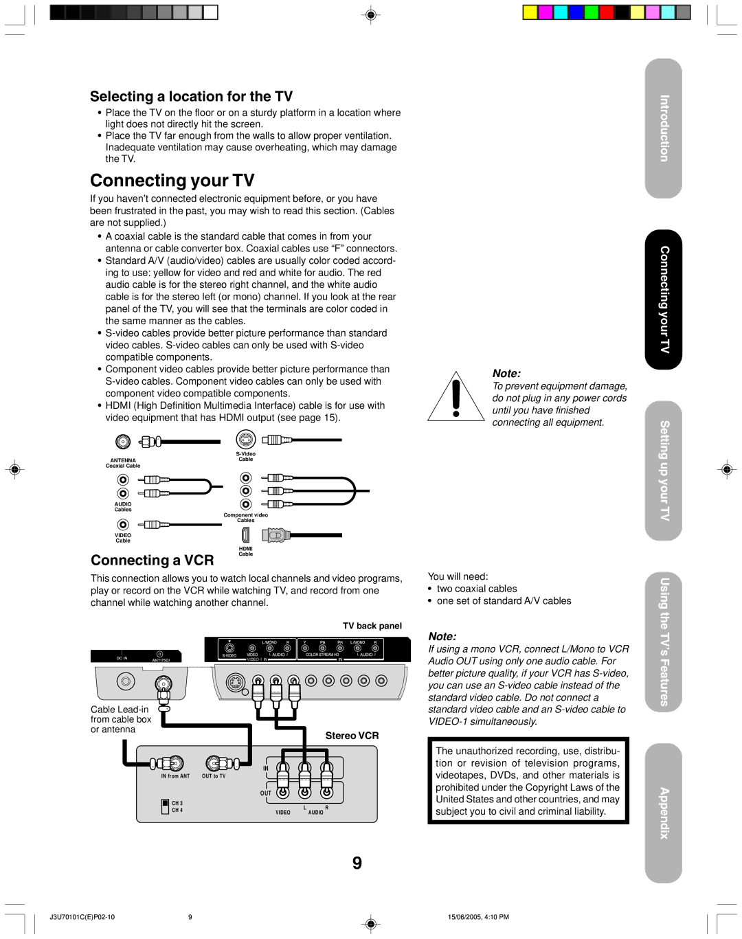 Toshiba 20HL85 appendix Selecting a location for the TV, Connecting a VCR, Stereo VCR 