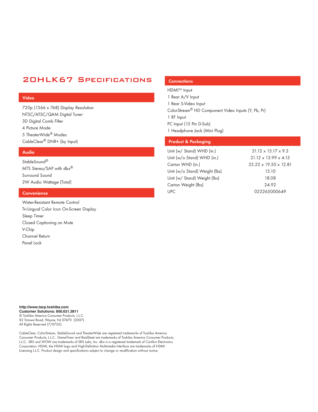 Toshiba manual 20HLK67 Specifications 