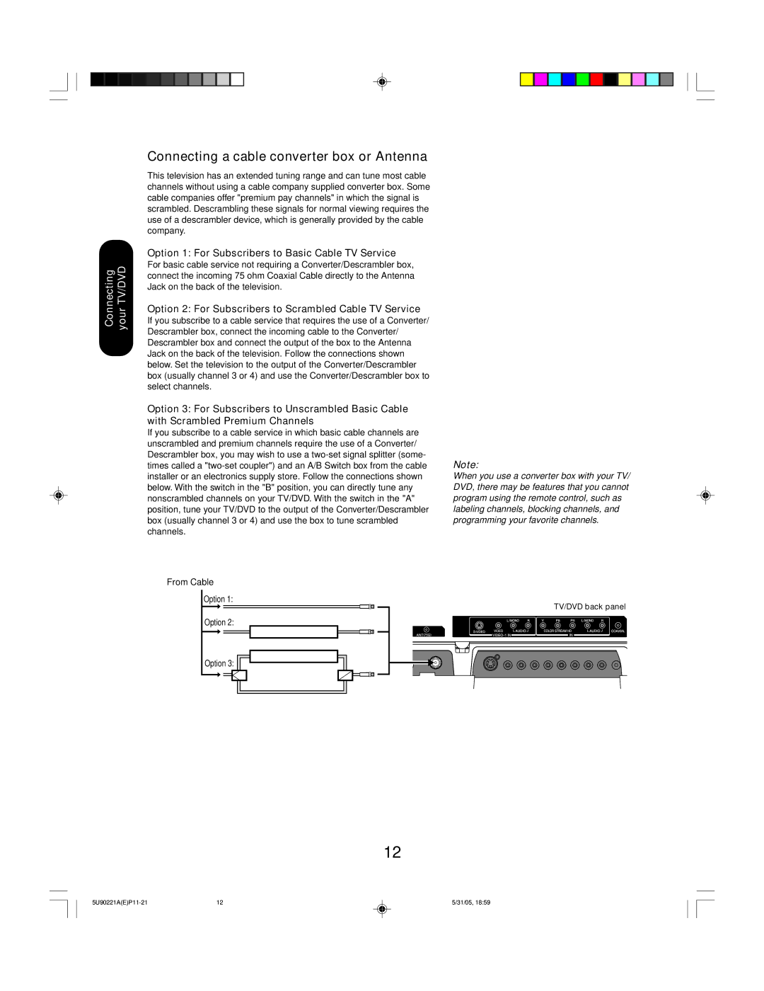 Toshiba 20HLV15 appendix Connecting a cable converter box or Antenna, Option 1 For Subscribers to Basic Cable TV Service 