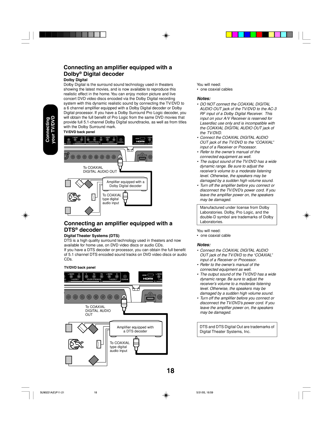 Toshiba 20HLV15 appendix Connecting an amplifier equipped with a DTS decoder, Dolby Digital, Digital Theater Systems DTS 