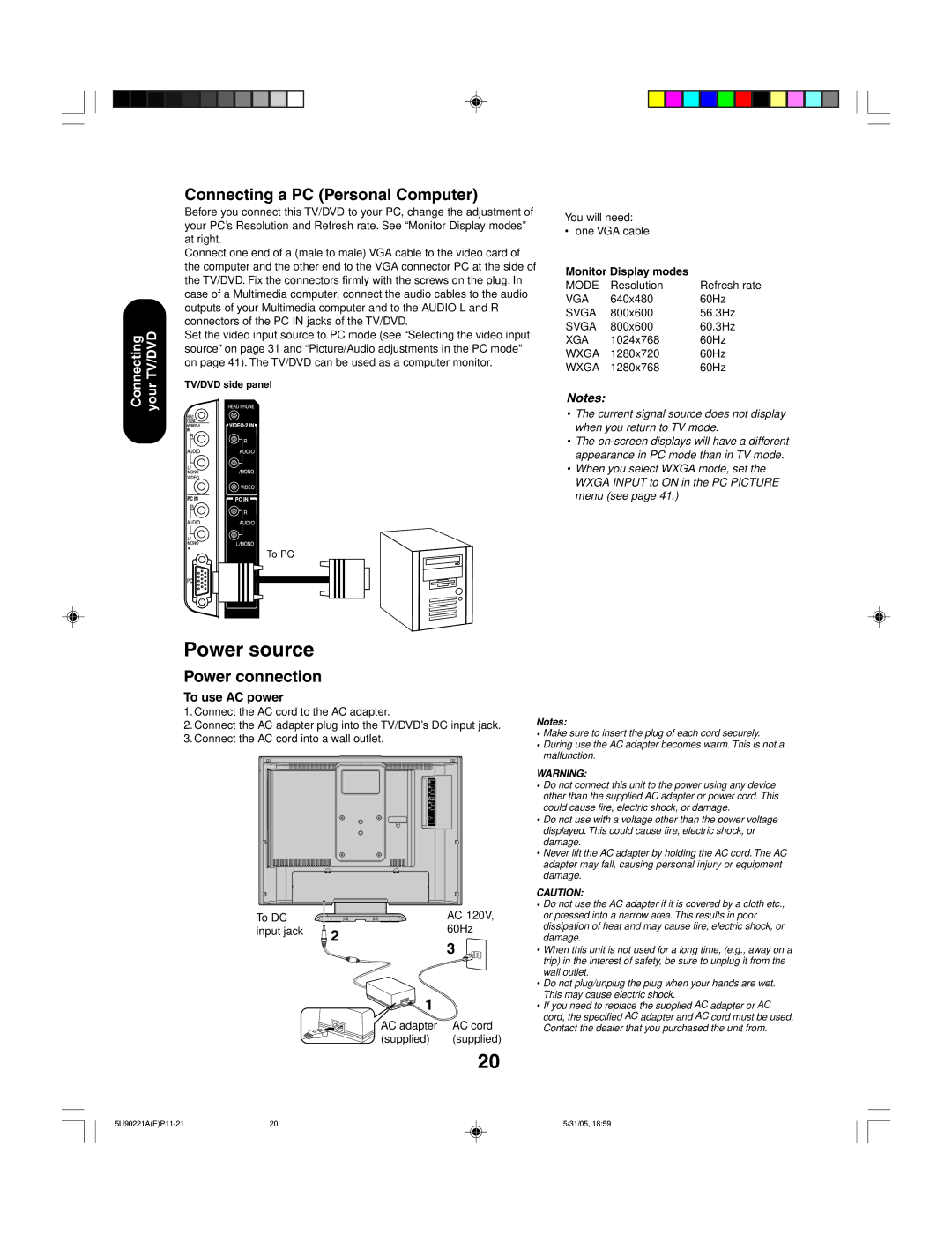 Toshiba 20HLV15 appendix Connecting a PC Personal Computer, Power connection, To use AC power, Monitor Display modes 