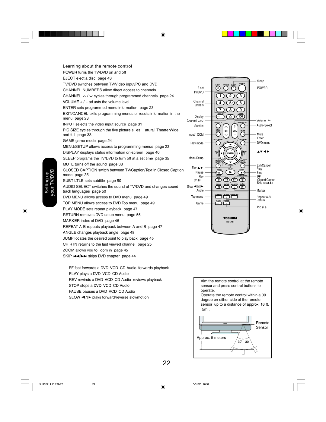 Toshiba 20HLV15 appendix Setting up your TV/DVD, Learning about the remote control 