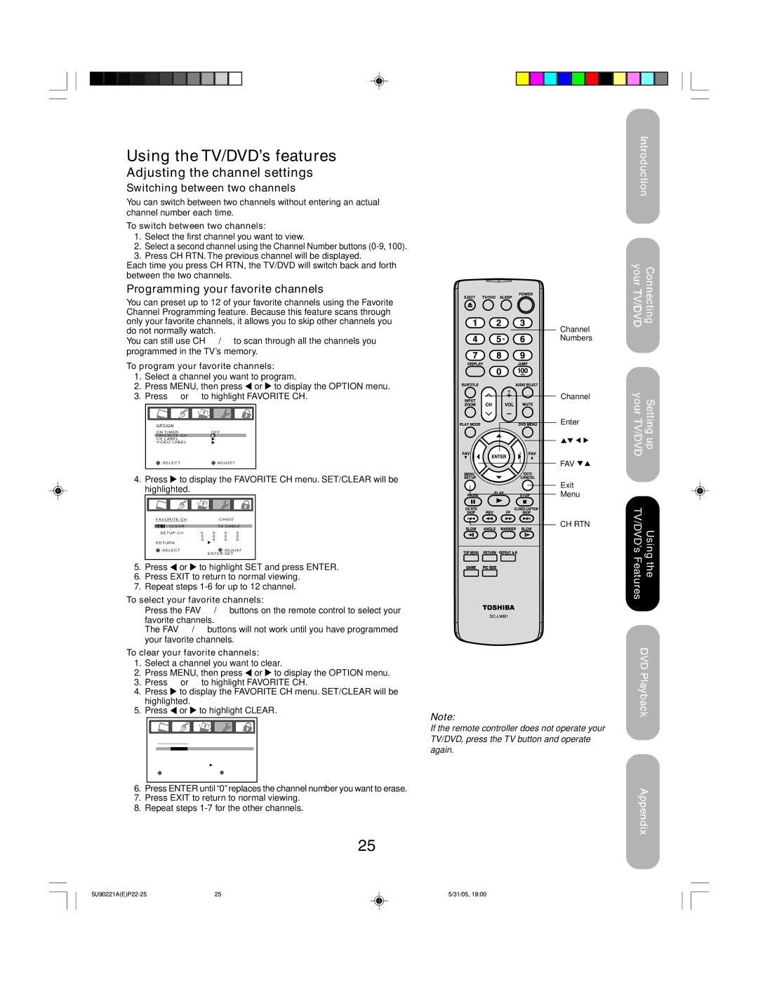 Toshiba 20HLV15 appendix Adjusting the channel settings, Switching between two channels, Programming your favorite channels 