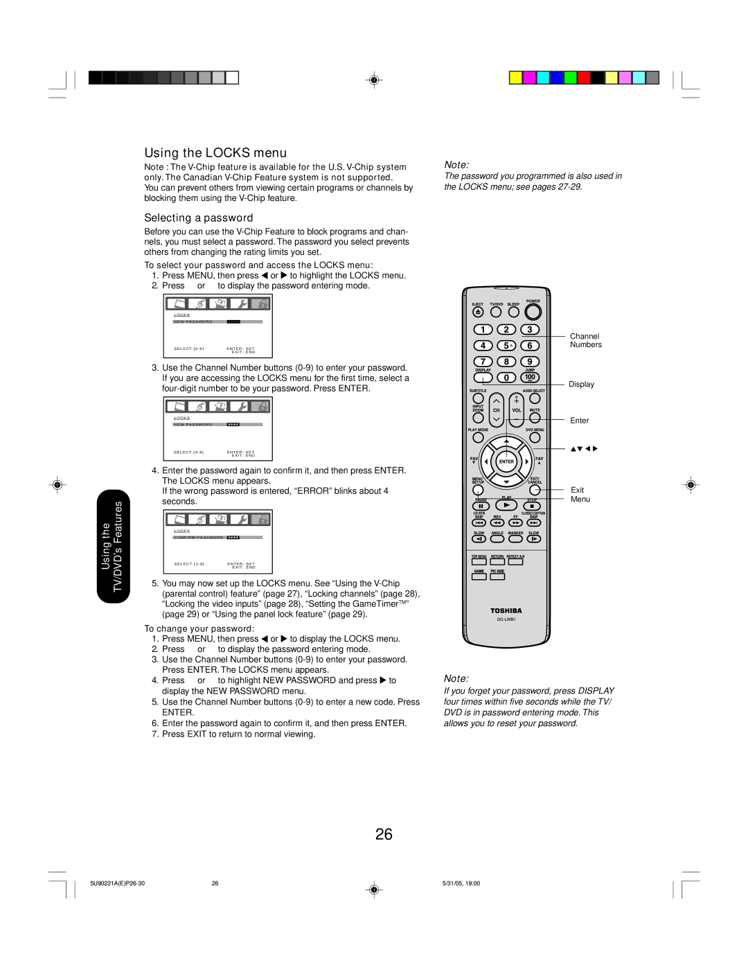 Toshiba 20HLV15 appendix Using the Locks menu, Selecting a password, To select your password and access the Locks menu 