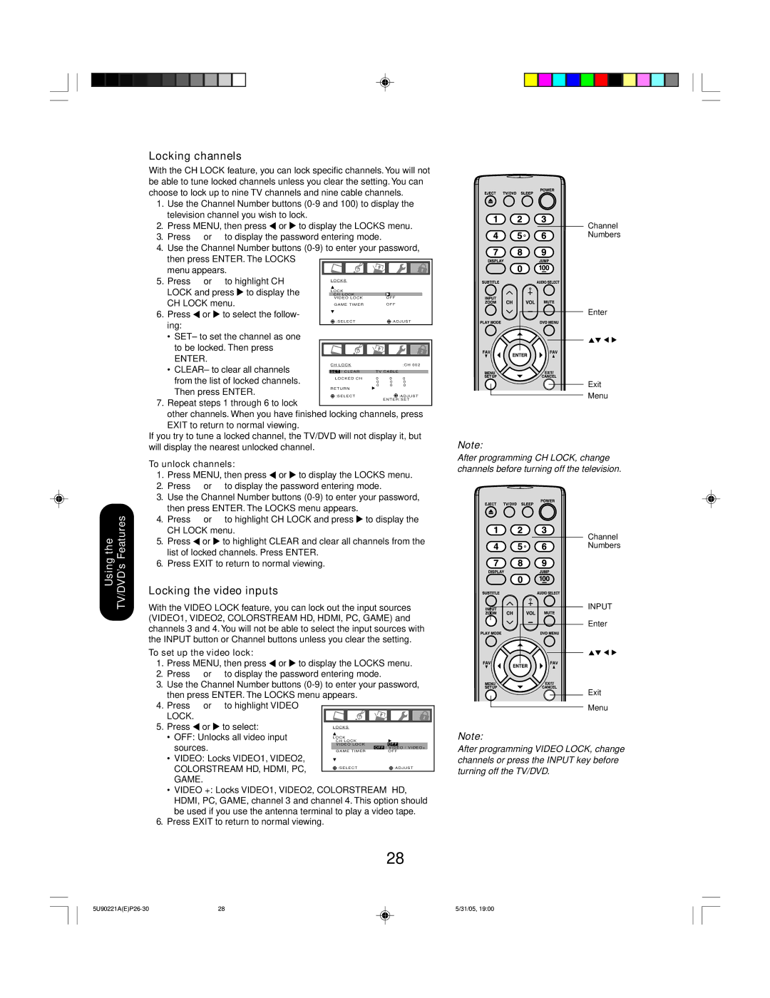 Toshiba 20HLV15 appendix Locking channels, Locking the video inputs 