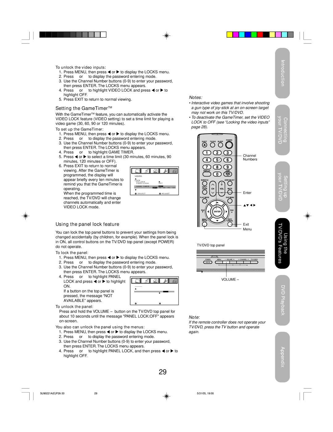 Toshiba 20HLV15 appendix Setting the GameTimerTM, Using the panel lock feature 