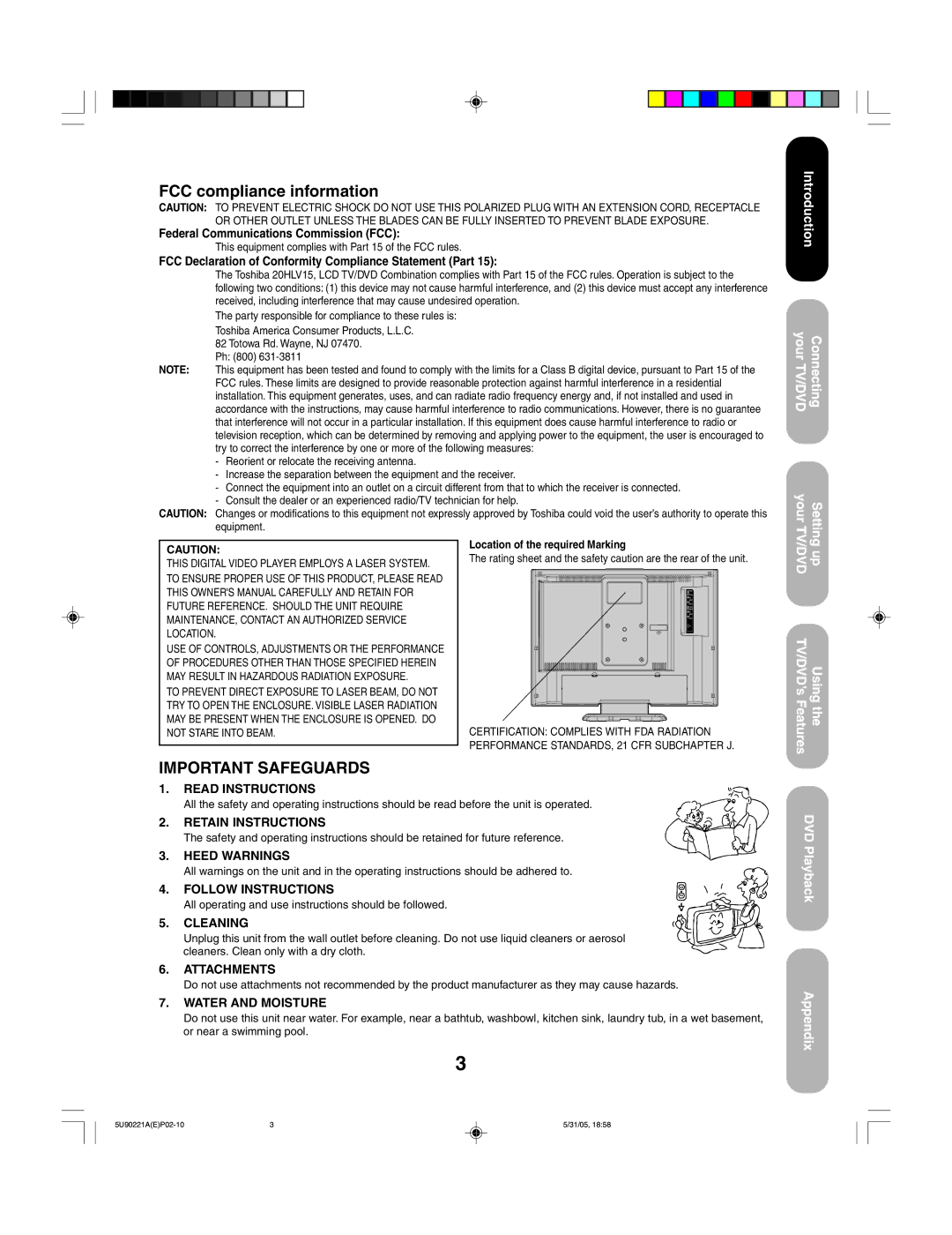 Toshiba 20HLV15 FCC compliance information, Federal Communications Commission FCC, Location of the required Marking 