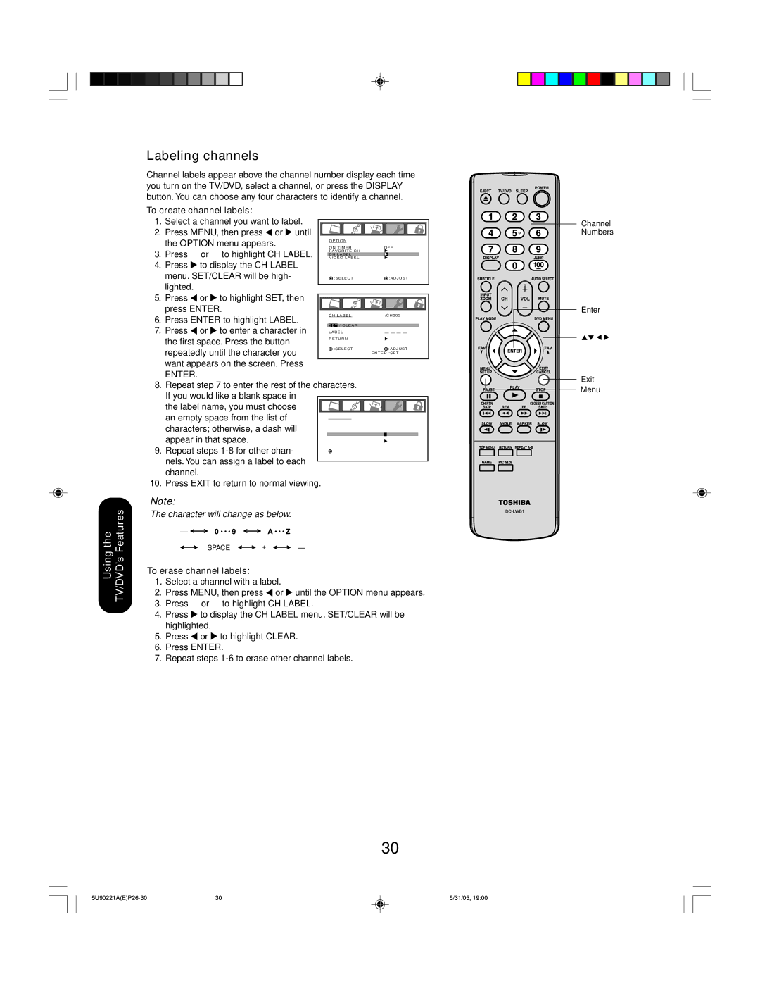 Toshiba 20HLV15 appendix Labeling channels, To create channel labels, To erase channel labels 