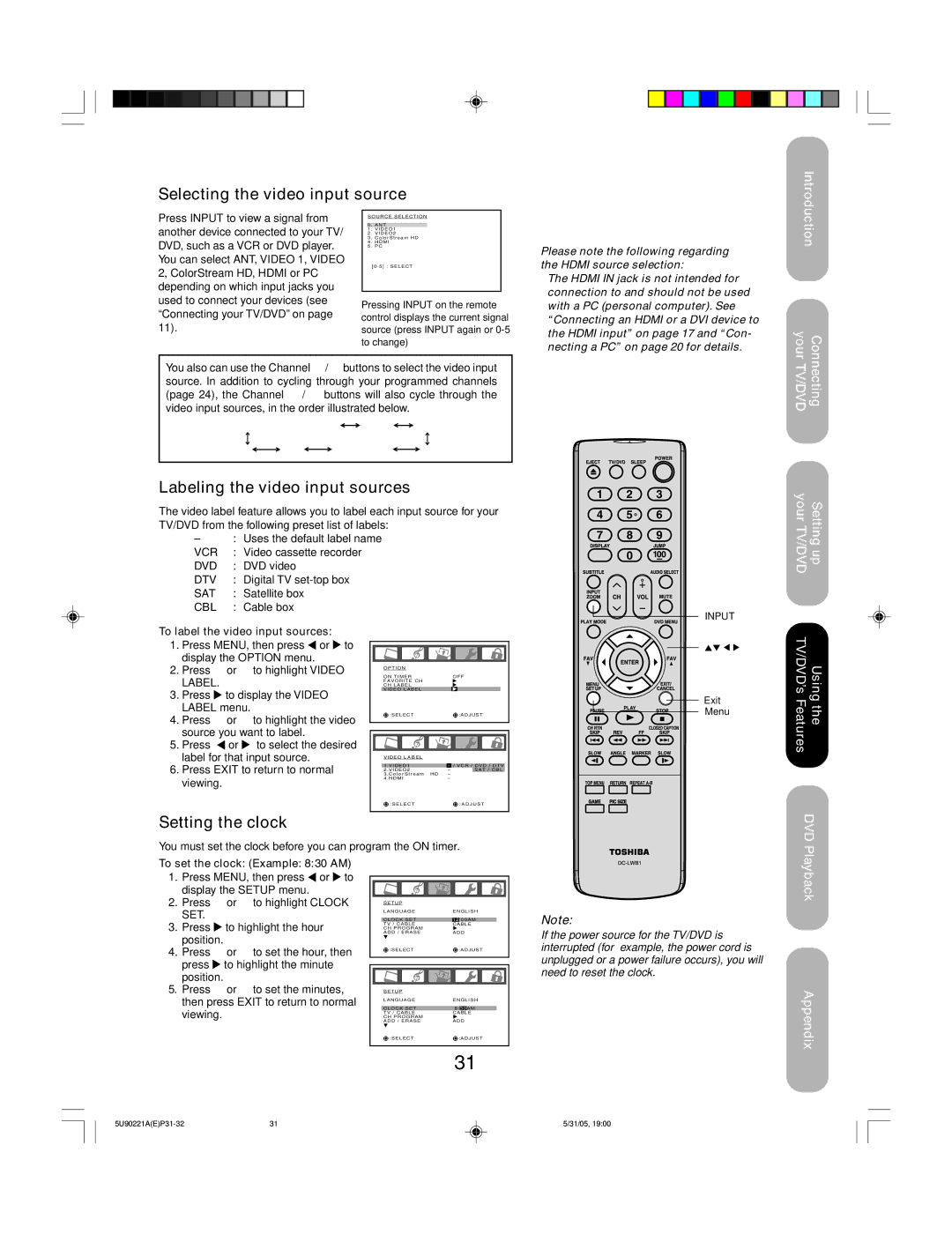 Toshiba 20HLV15 appendix Selecting the video input source, Labeling the video input sources, Setting the clock 