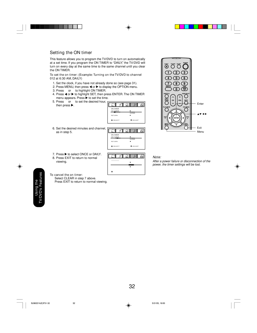 Toshiba 20HLV15 appendix Setting the on timer, Set the desired minutes and channel As in step, To cancel the on timer 