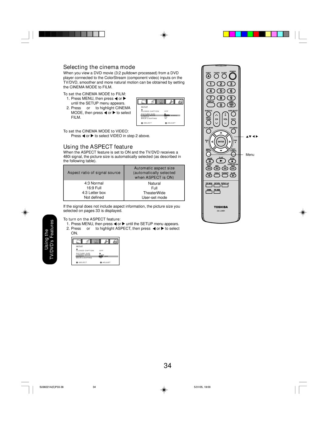 Toshiba 20HLV15 appendix Selecting the cinema mode, Using the Aspect feature, To set the Cinema Mode to Film 