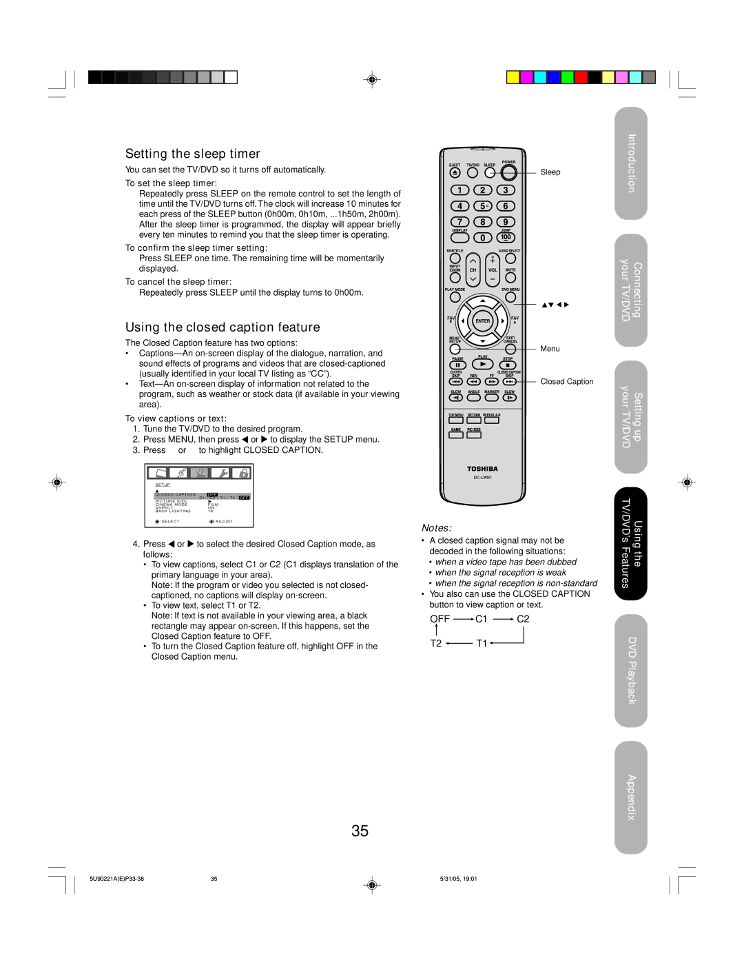 Toshiba 20HLV15 appendix Setting the sleep timer, Using the closed caption feature 