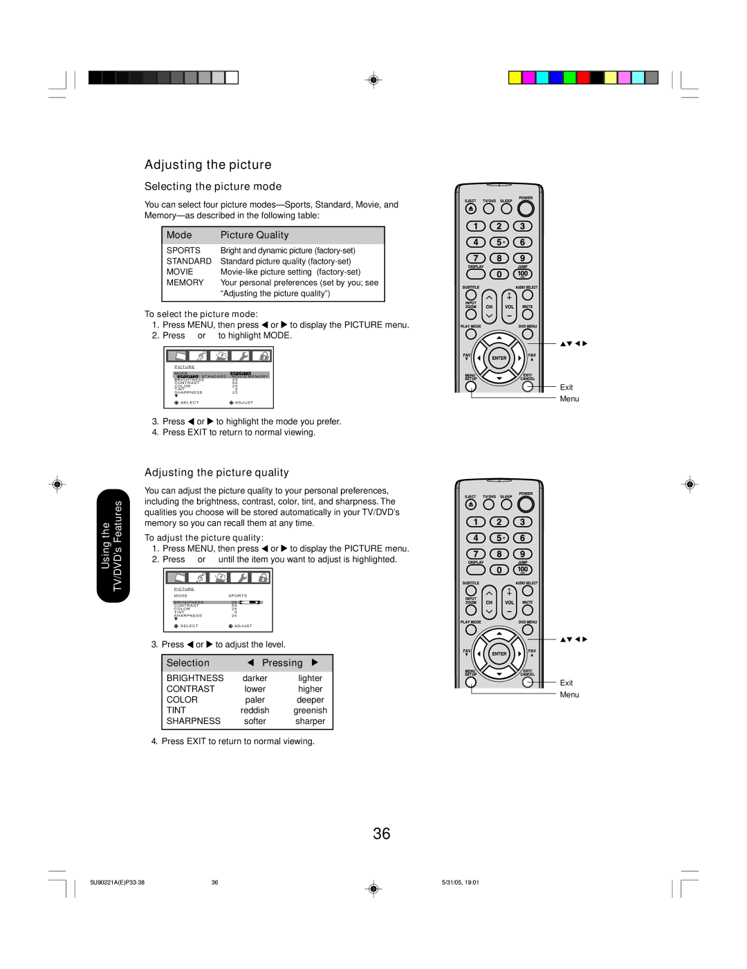 Toshiba 20HLV15 Selecting the picture mode, Adjusting the picture quality, Mode Picture Quality, SelectionPressing 